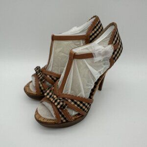 Jessica Simpson Womens Brown & Gingham Strappy Peep Toe High Heel Size 8.5M